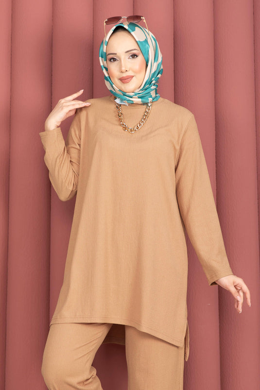 Side Slit Tunic and Pants Set Camel