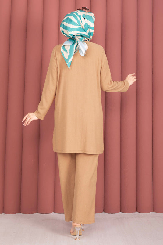 Side Slit Tunic and Pants Set Camel