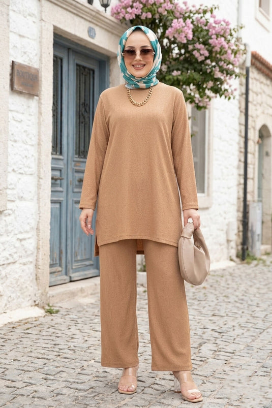 Side Slit Tunic and Pants Set Camel