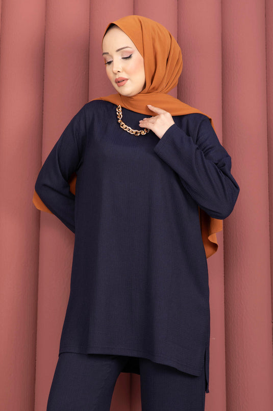 Ensemble tunique pantalon fendu sur les côtés bleu marine