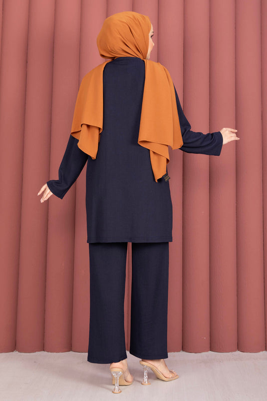 Ensemble tunique pantalon fendu sur les côtés bleu marine