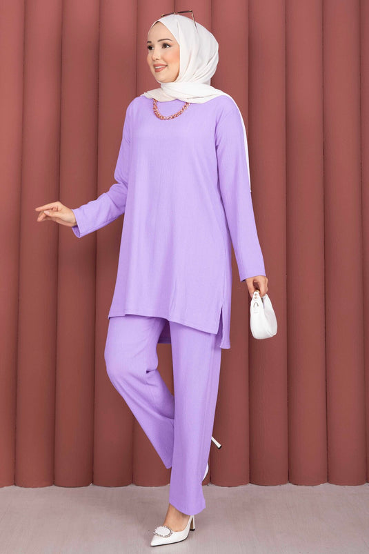 Yanları Yırtmaçlı Tunik Pantolon Takım Lila