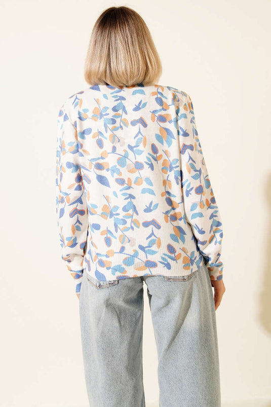 Pull en maille à motif feuilles, bleu