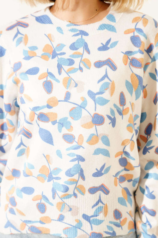 Pull en maille à motif feuilles, bleu