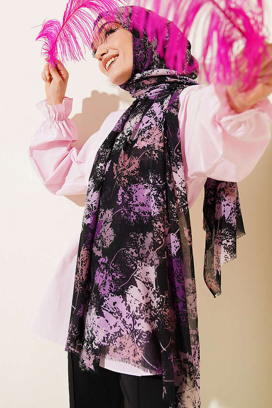 Yaprak Desen Aya Série Châle Noir Violet