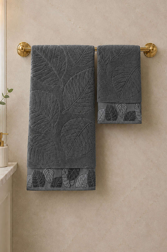 Yaprak Desen Banyo Havlu 2'li Takım Antrasit