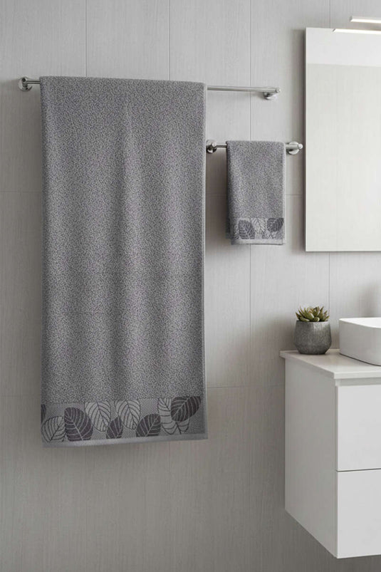 Yaprak Desen Banyo Havlu 2'li Takım Füme