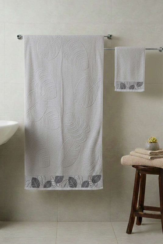 Yaprak Desen Banyo Havlu 2'li Takım Gri
