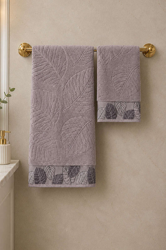 Yaprak Desen Banyo Havlu 2'li Takım Pudra