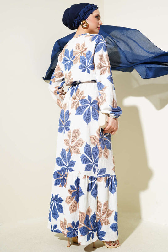 Robe en crêpe indigo à taille élastique et motif feuilles