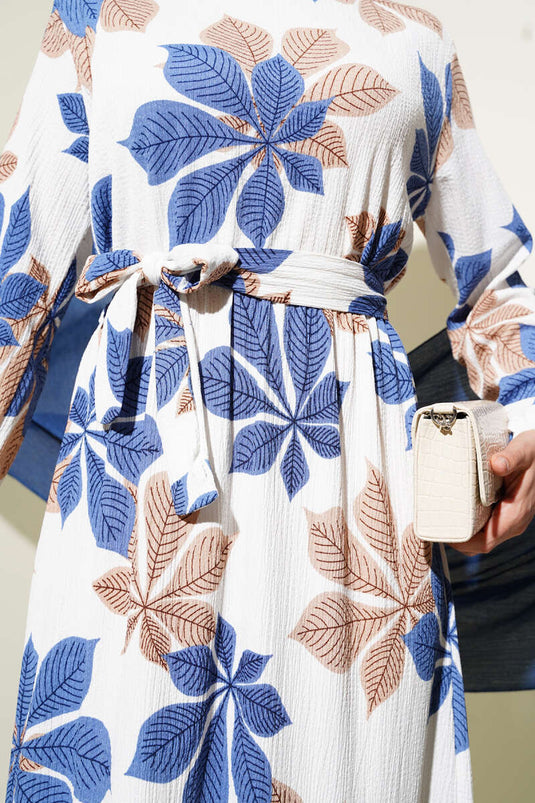 فستان كريب بخصر مطاطي ونقشة أوراق الشجر - نيلي