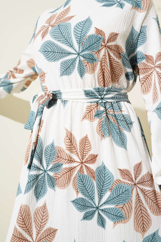 Robe crêpe à taille élastique et motif feuilles, couleur menthe