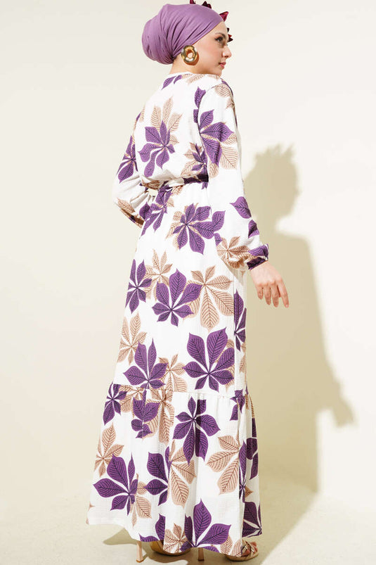 Leaf Pattern Elastic Waist Crepe Dress Purple