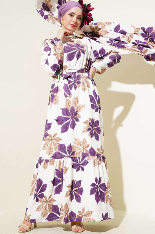 Leaf Pattern Elastic Waist Crepe Dress Purple