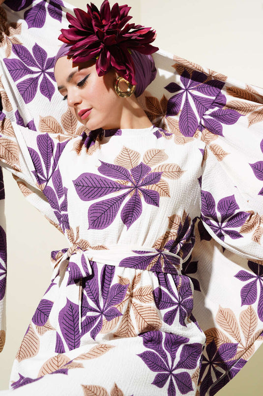 Yaprak Desen Bel Lastikli Bürümcük Elbise Mor