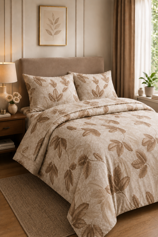 Leaf Pattern Double Duvet Cover Set Coffee
