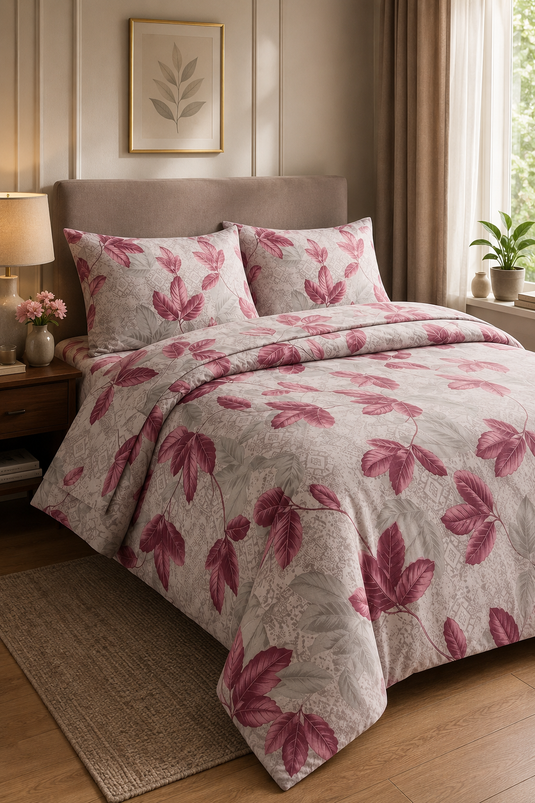 Leaf Pattern Double Bed Duvet Cover Set Pink
