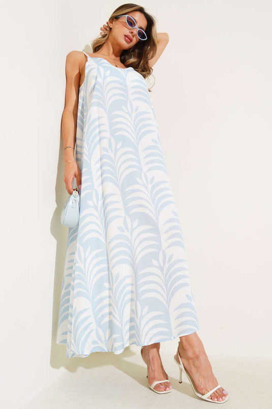 Robe midi à bretelles à motif de feuilles bleue