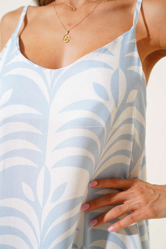 Robe midi à bretelles à motif de feuilles bleue