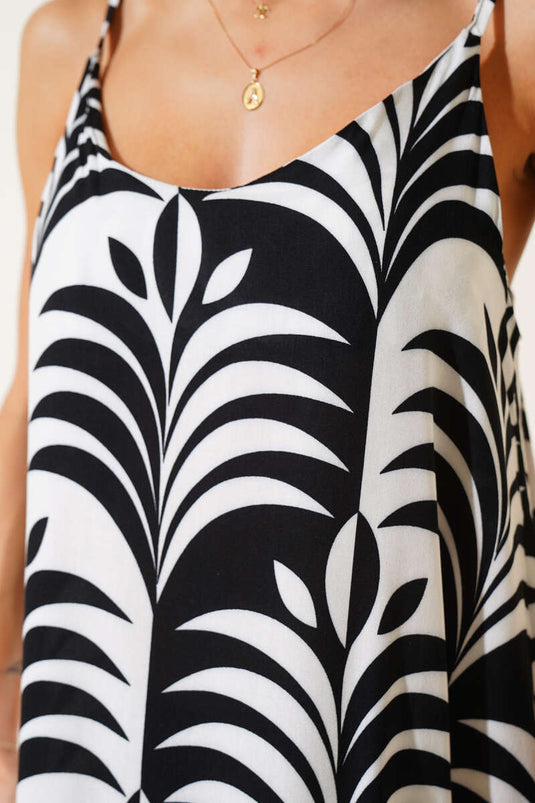 Robe midi à bretelles à motif de feuilles noire