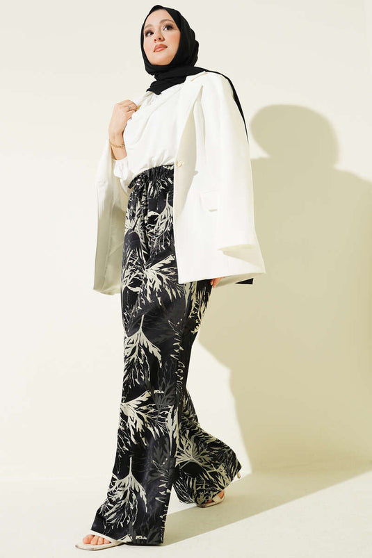 Leaf Pattern Satin Wide-Leg Pants Black