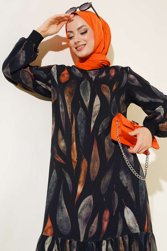 Robe En Mousseline À Motif Feuilles Noir