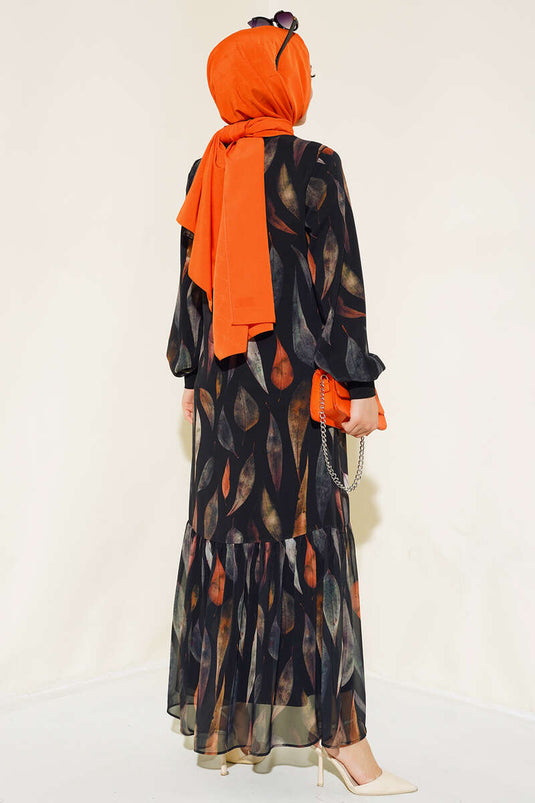 Robe En Mousseline À Motif Feuilles Noir