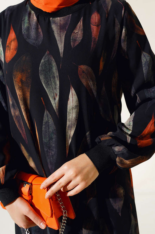 Robe En Mousseline À Motif Feuilles Noir