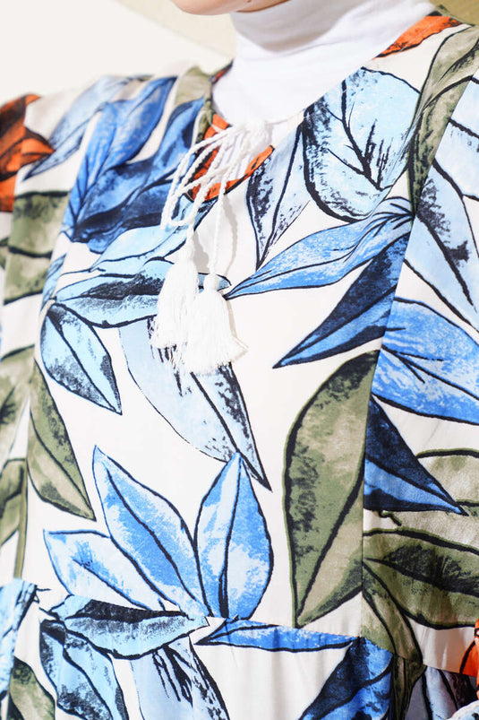 Robe à pampilles et col à motif de feuilles Indigo