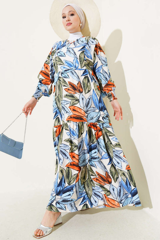 Robe à pampilles et col à motif de feuilles Indigo