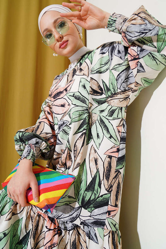 Robe à pampilles et col à motif de feuilles, verte