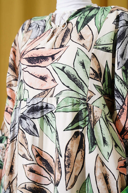 Robe à pampilles et col à motif de feuilles, verte