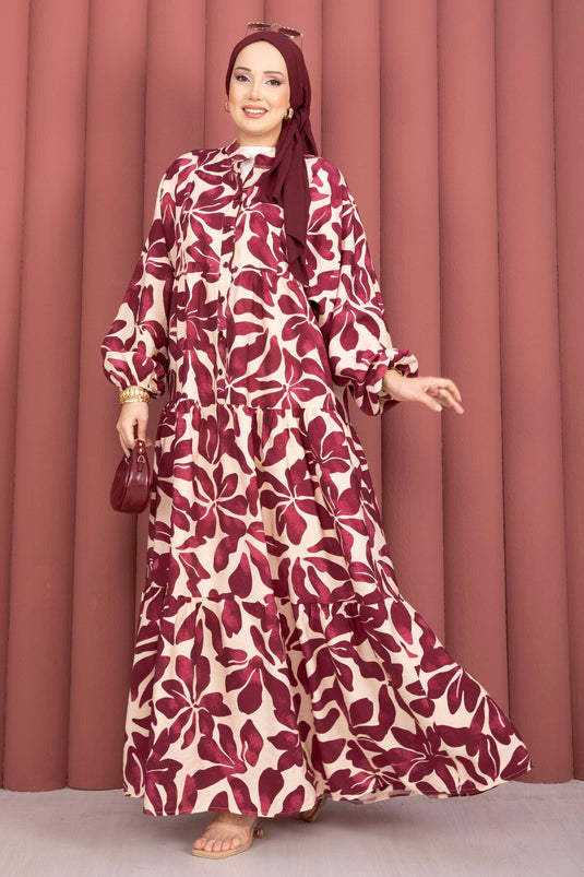 Yaprak-Muster Halbknopf Viskose Kleid Bordeaux