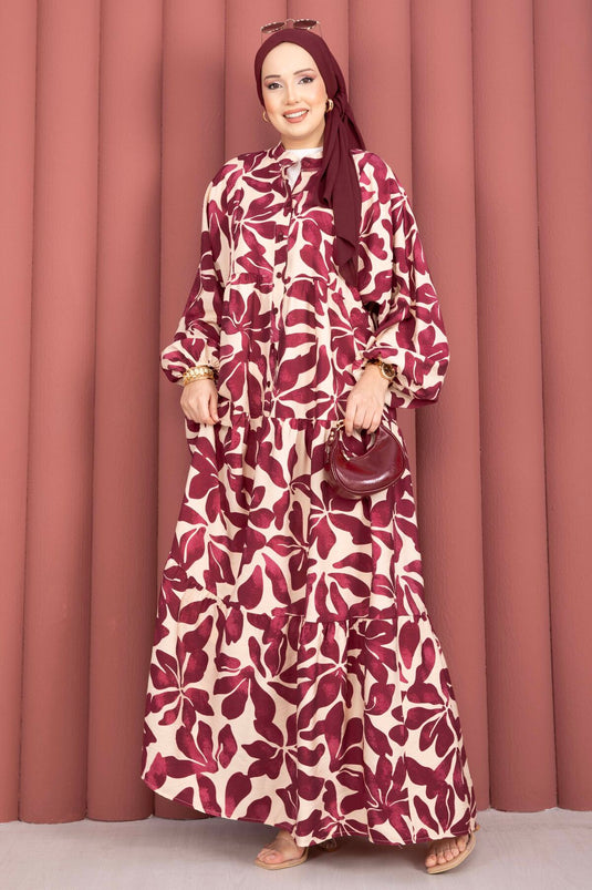 Leaf Pattern Half-Button Viscose Dress Burgundy