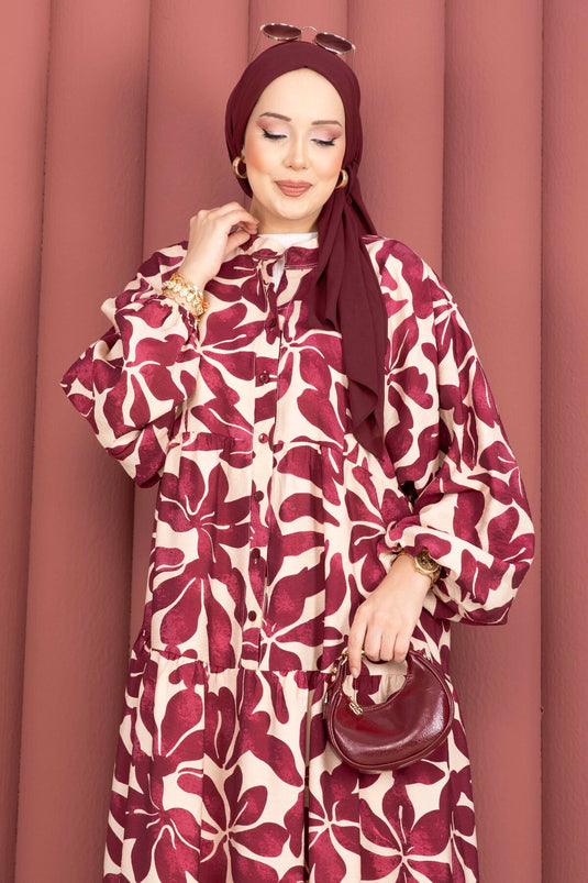 Leaf Pattern Half-Button Viscose Dress Burgundy