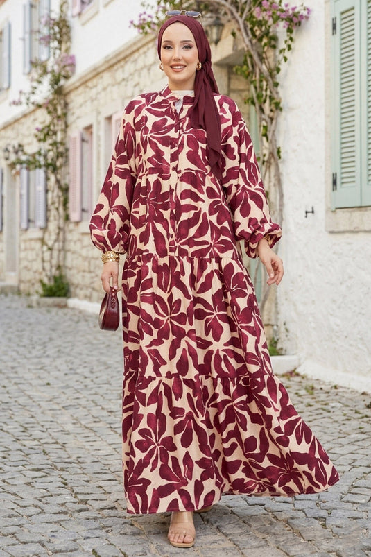 Yaprak-Muster Halbknopf Viskose Kleid Bordeaux