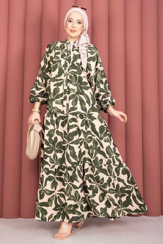 Leaf Pattern Half-Button Viscose Dress Khaki