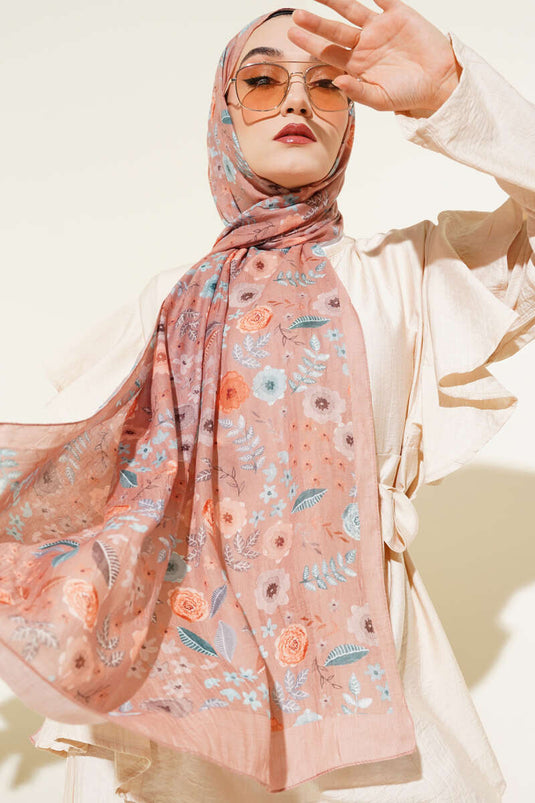 Leaf Patterned Bamboo Kash Shawl Camel