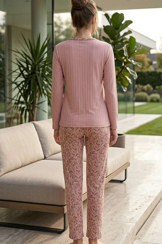Leaf Pattern Plus Size Pajama Set Baby Pink