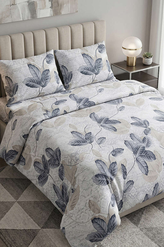 Parure de lit double à motif feuilles gris