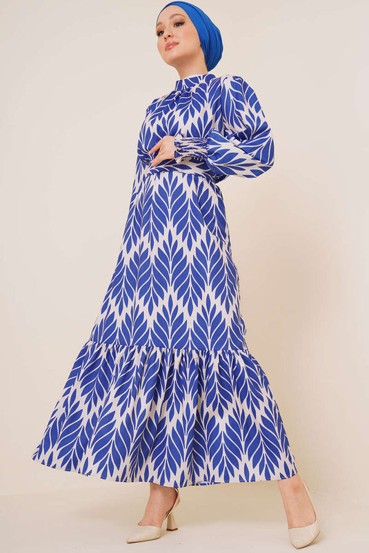 Yaprak Desenli Gipe Detaylı Saten Elbise Saks