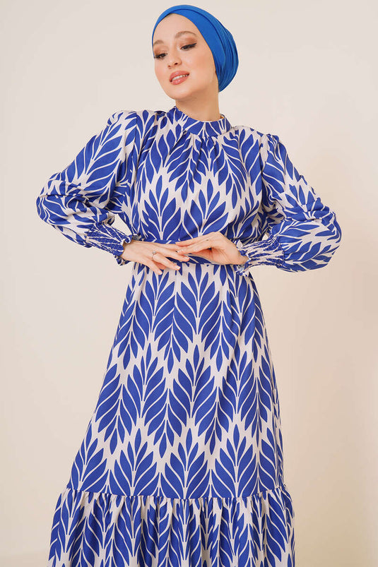 Yaprak Desenli Gipe Detaylı Saten Elbise Saks