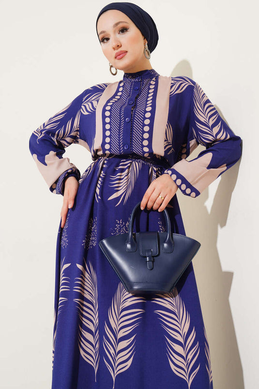 Vestido Con Cinturón Y Estampado De Hojas Azul Marino