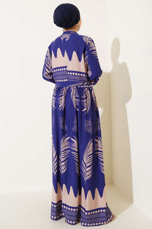 Vestido Con Cinturón Y Estampado De Hojas Azul Marino