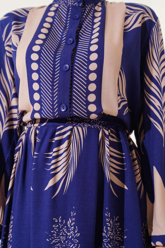Vestido Con Cinturón Y Estampado De Hojas Azul Marino