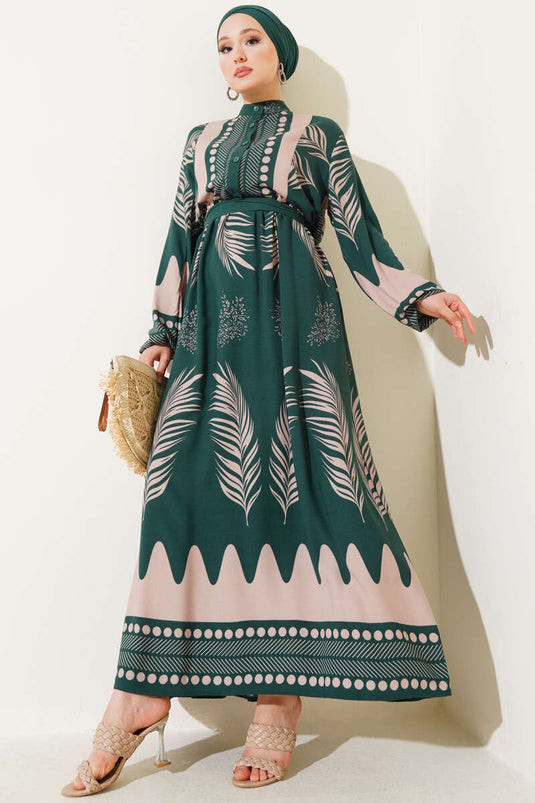 Robe ceinturée à motifs de feuilles émeraude