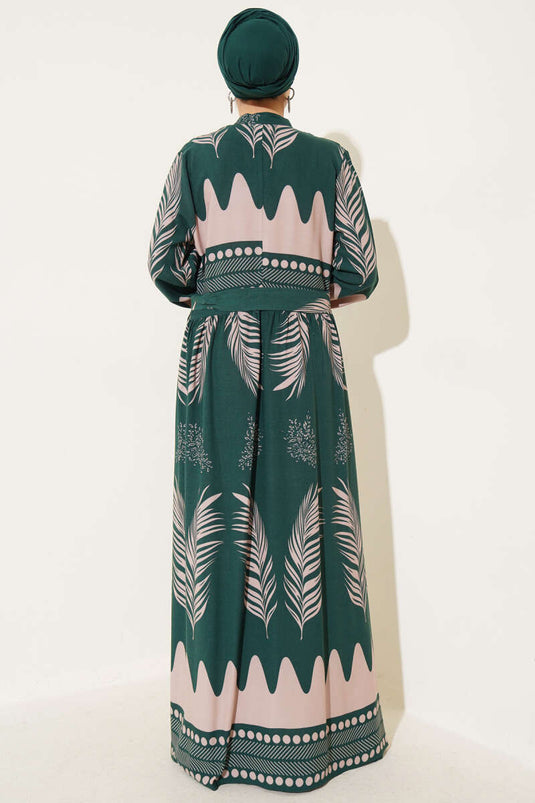 Robe ceinturée à motifs de feuilles émeraude