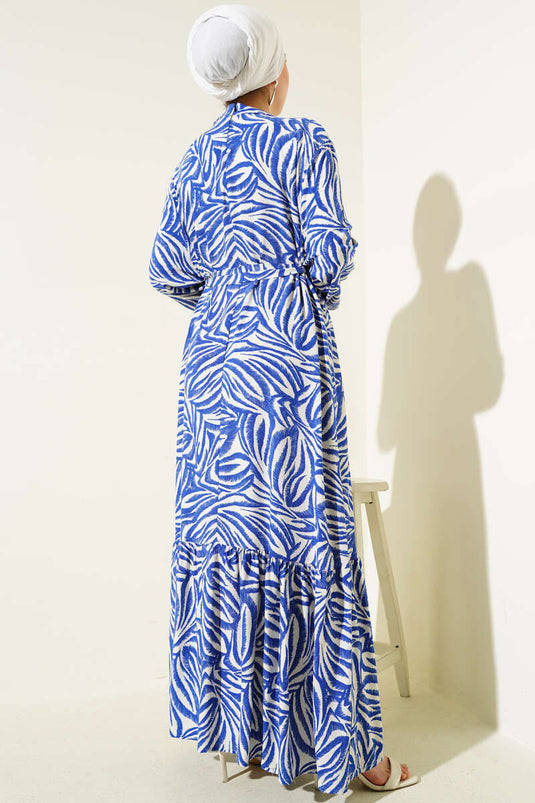Leaf Patterned Belted Viscose Dress Saxe