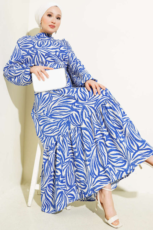 Leaf Patterned Belted Viscose Dress Saxe