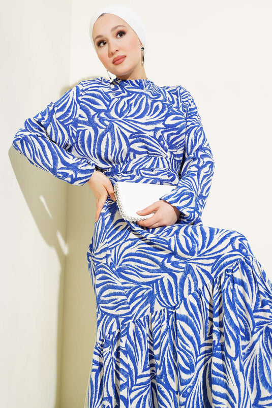 Leaf Patterned Belted Viscose Dress Saxe